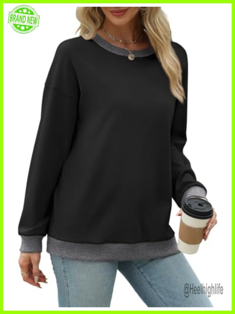 Color Block Crewneck Sweatshirt Loose Fit Long Sleeve Top Ribbed Trim Tunic - Picture 3 of 4